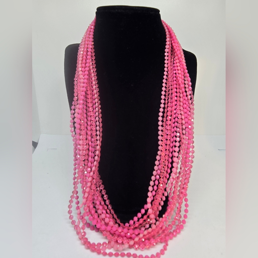 Pink Plastic Faceted Bead Eight Strand Necklace 50" Long